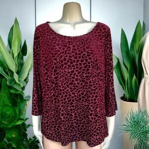 Talbots Whimsigoth Burnout Velvet Blouse Burgundy Wine Animal Print Size large L